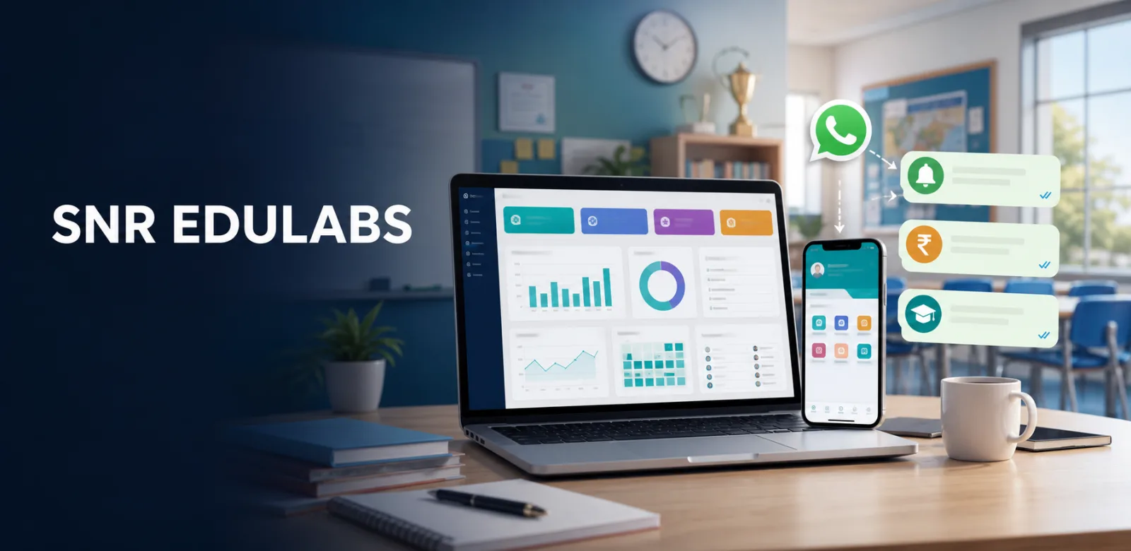 SNR EDULABS ERP dashboard, mobile app and WhatsApp alerts